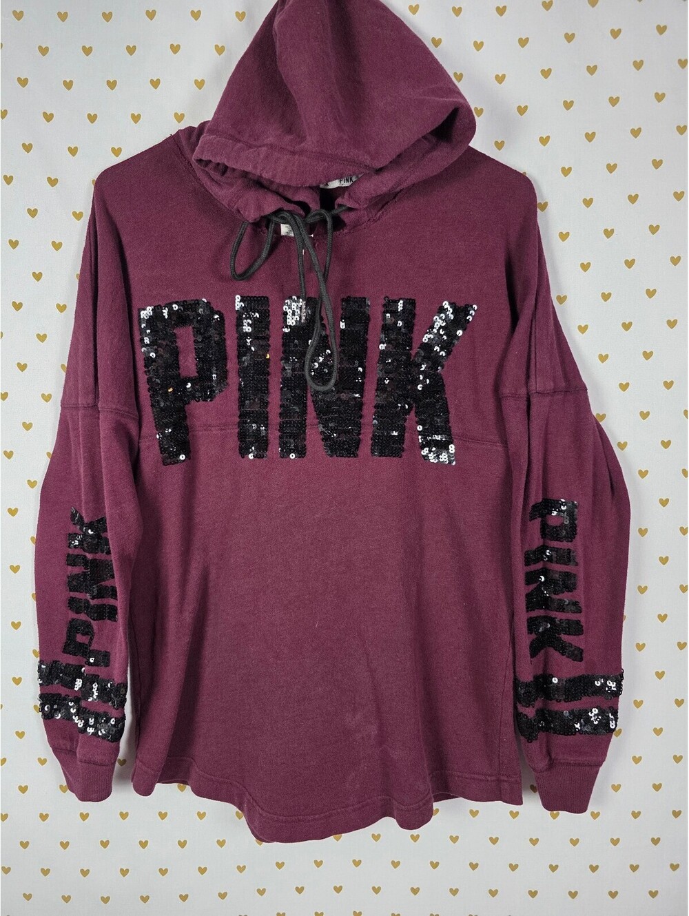Victorias Secret Pink Maroon Bling Sequined Pullover Hoodie Tee Small